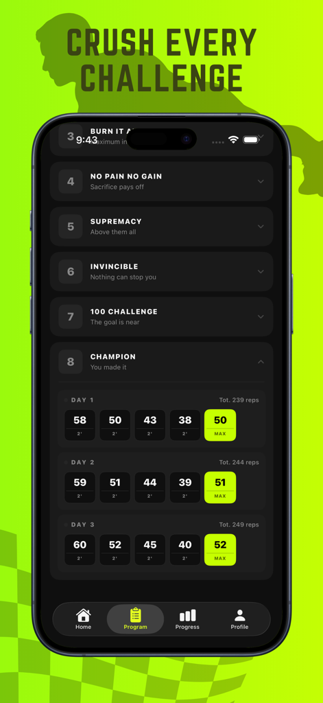 PushUp365 - Push Ups Counter - Interfaz de la aplicación móvil PushUp365 que muestra un programa de entrenamiento estructurado con objetivos diarios de repeticiones de flexiones.