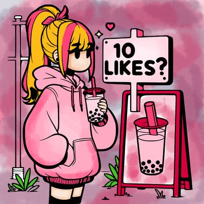 girl with oversized hoodie drinking boba and she has a high ponytail with a sign that says 10likes?