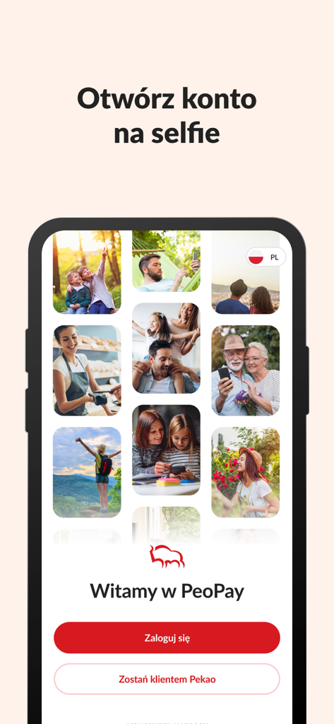 Pantalla de bienvenida de la aplicación de banca móvil PeoPay con opciones para iniciar sesión o abrir una nueva cuenta usando una selfie.