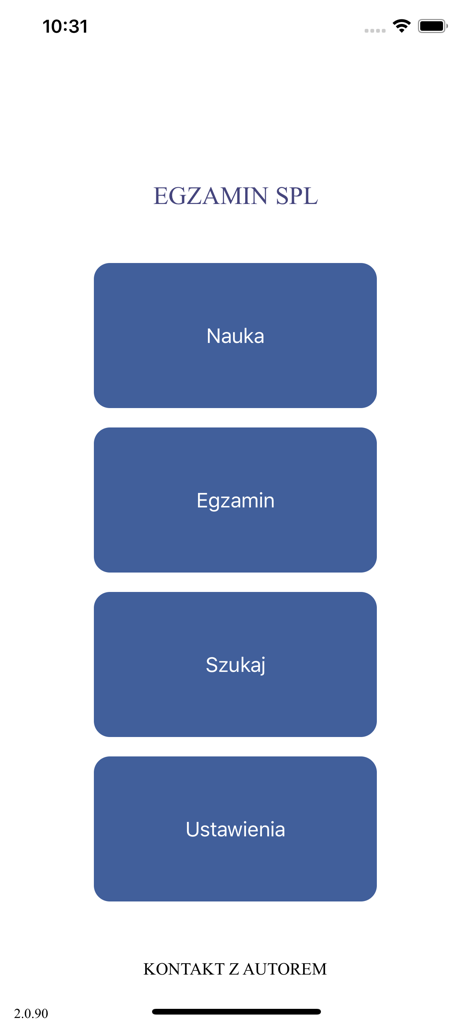 Main menu of the Egzamin ULC SPL mobile app featuring study exam search and settings buttons