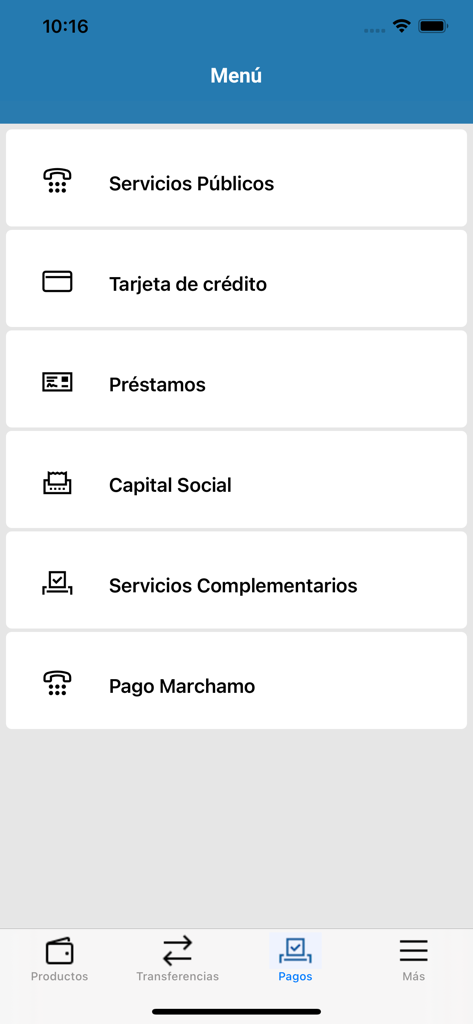 Menú de pagos de la aplicación móvil Coopenae RL mostrando opciones para servicios públicos, tarjetas de crédito y préstamos
