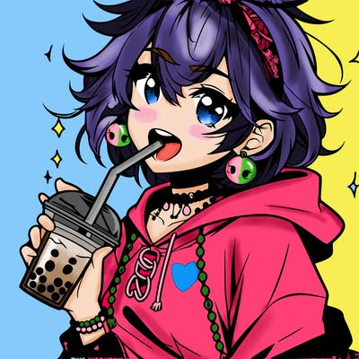 hot baddie anime girl drinking boba and biting the straw