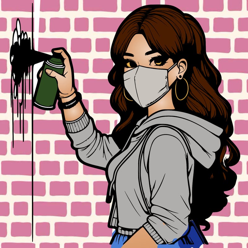 realistic girl with mask spray painting a wall