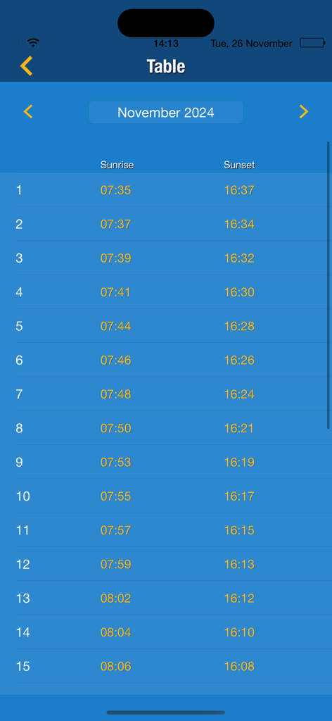 The Sun: Sunrise sunset Times - A detailed table showing daily sunrise and sunset times for November 2024 in a blue and yellow interface.