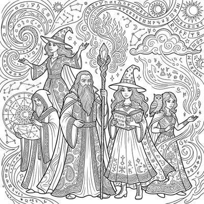 Embark on a magical journey with this captivating Wizards & Witches coloring page. Featuring detailed characters and mystical symbols, it's perfect for fantasy lovers.