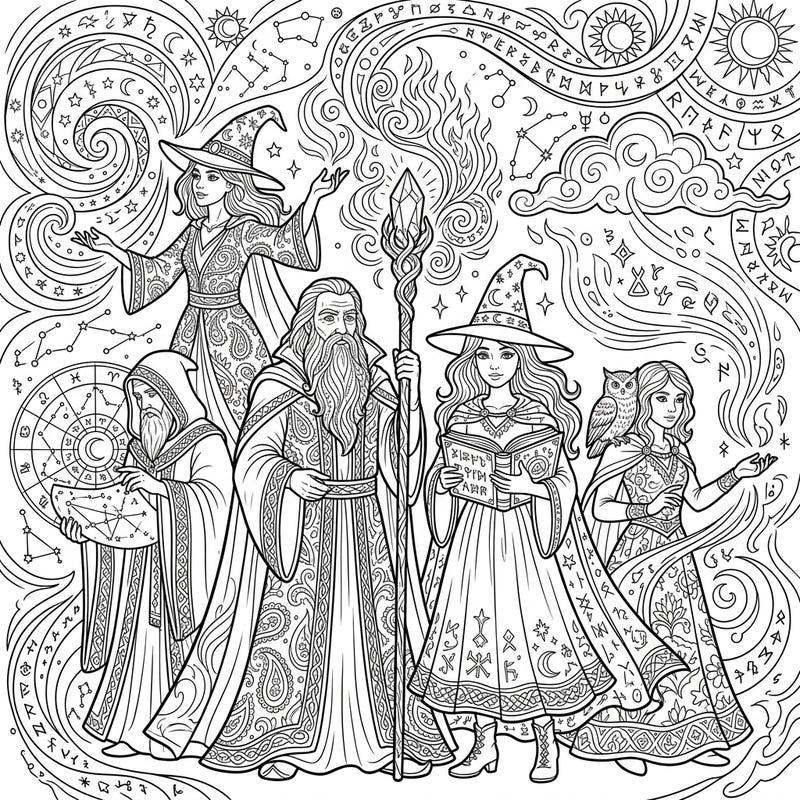 Embark on a magical journey with this captivating Wizards & Witches coloring page. Featuring detailed characters and mystical symbols, it's perfect for fantasy lovers.
