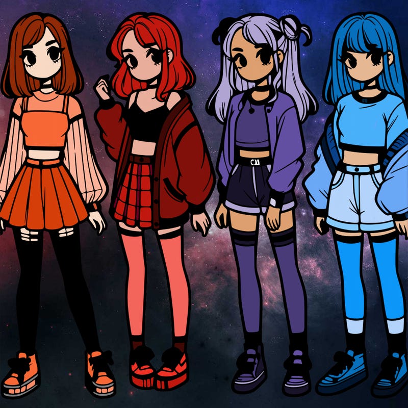 one girl with crop-top shirt and a jacket with a skirt, long socks and another girl with a shirt and pants with a jacket