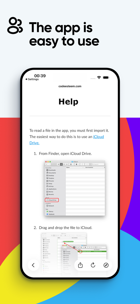 Voice Aloud Reader - A help screen on an iPhone explaining how to import files to the Voice Aloud Reader app using iCloud Drive