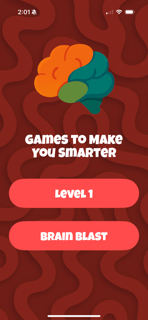 Color Sort: Brain Games - Home screen of Color Sort Brain Games app featuring a colorful brain icon and a level selection menu