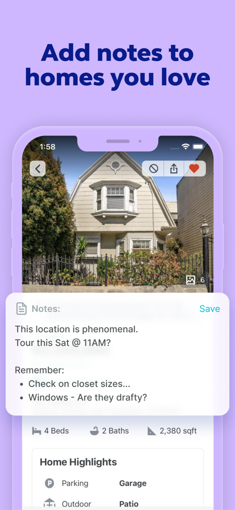 Trulia Real Estate & Rentals - A mobile interface for the Trulia app showing how to add personal notes and reminders to a specific home listing