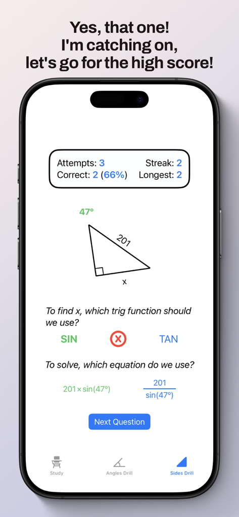 SOH CAH TOA - SOH CAH TOA app sides drill interface showing a trigonometry problem and student progress statistics