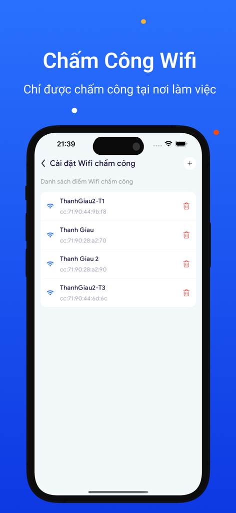 Schermata delle impostazioni di tracciamento delle presenze basato su WiFi nell'app AtWork