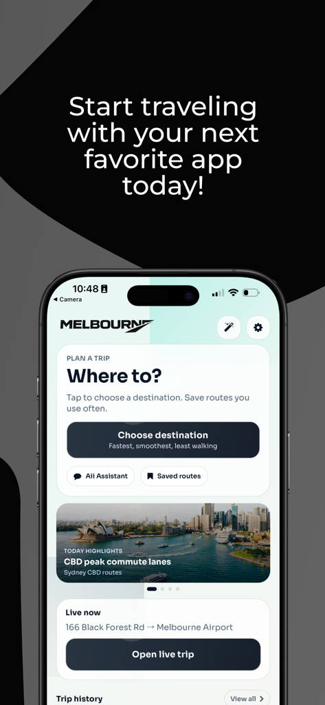 Melbourne Buss & Train Tracker - Melbourne Bus and Train Tracker mobile app interface showing the trip planning dashboard and live tracking status on an iPhone