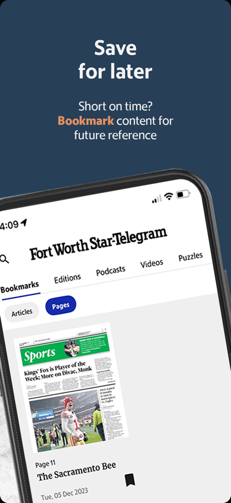 Screenshot of the Fort Worth Star-Telegram News app highlighting the bookmark feature to save news articles for later.