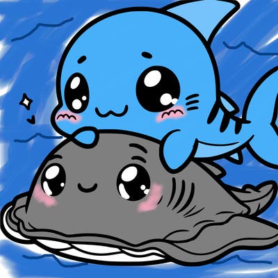 cute baby shark snuggling with a cute baby stingray