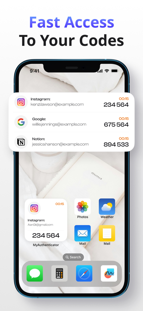 iPhone-Start- und Sperrbildschirm mit 2FA-Codes für Instagram und Google von der Authenticator-App.