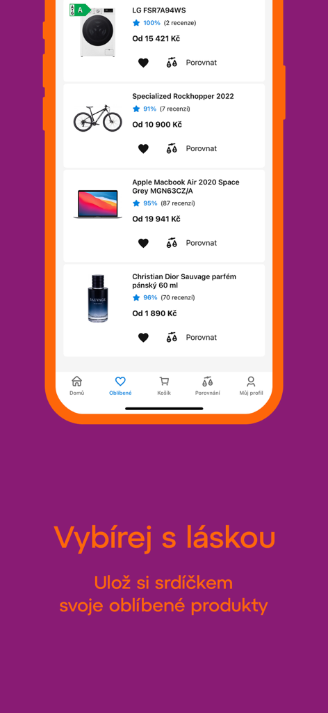 Heureka app interface displaying a list of favorite products like a laptop and a bicycle with price comparison options