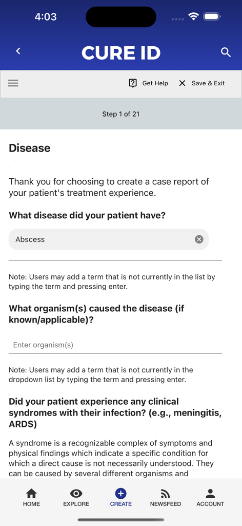 CURE ID - The CURE ID mobile app showing the first step of a clinical case report form for medical researchers and clinicians.