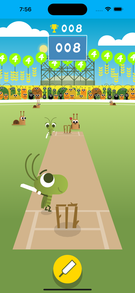 Doodle Cricket - Cricket Game - Gameplay screenshot of Doodle Cricket showing a cricket character batting against snail fielders