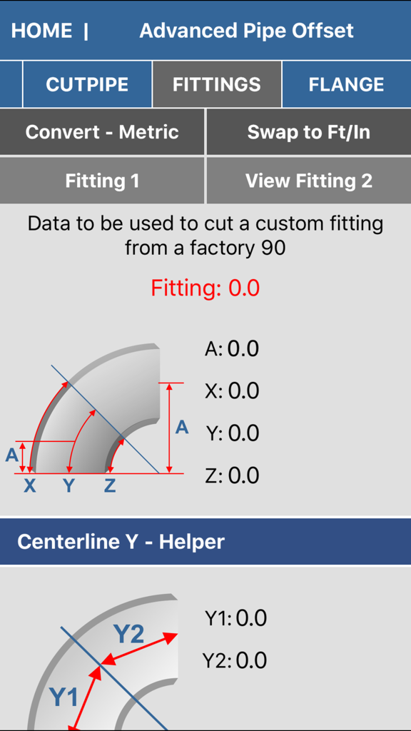 Pipe Fitter Calculator - Advanced pipe offset calculation screen showing custom fitting data and geometric diagrams