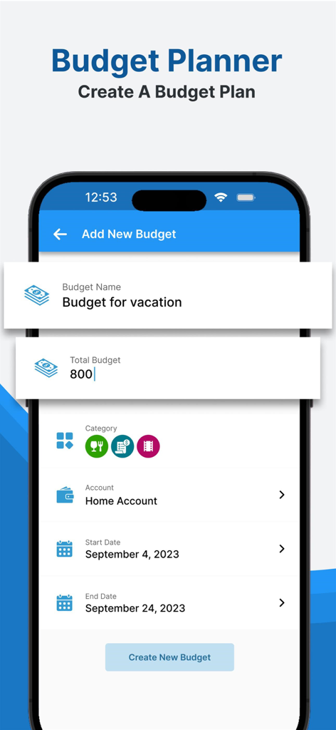 Budget Planner Expense Tracker - Budget Planner app screen showing the setup for a new vacation budget plan including total amount and date duration