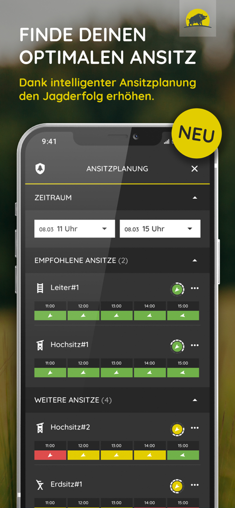 Jagdwetter - Jagdwetter app interface showing intelligent hunting stand planning and wind direction analysis