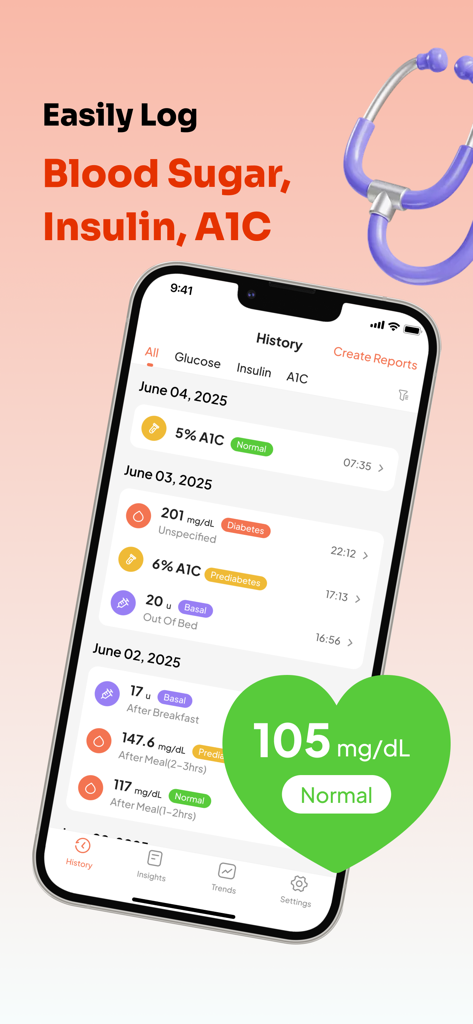iSugar: Blood Glucose Monitor - Pantalla de historial de la aplicación iSugar mostrando registros de glucosa en sangre, insulina y A1C con indicadores de estado