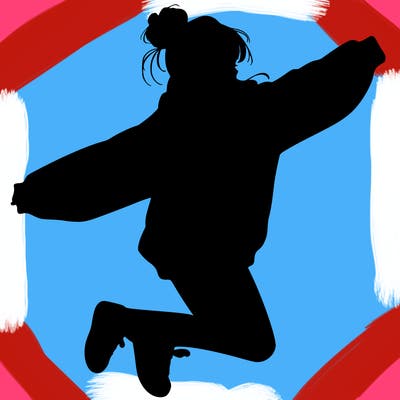 realistic girl jumping with a bun and oversized sweatshirt