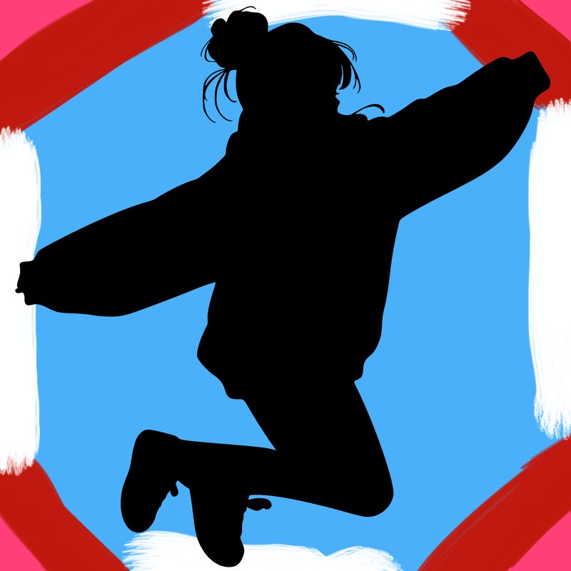 realistic girl jumping with a bun and oversized sweatshirt