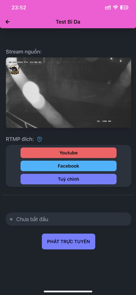 Camera Live app interface showing an IP camera feed and options to stream to Facebook or YouTube