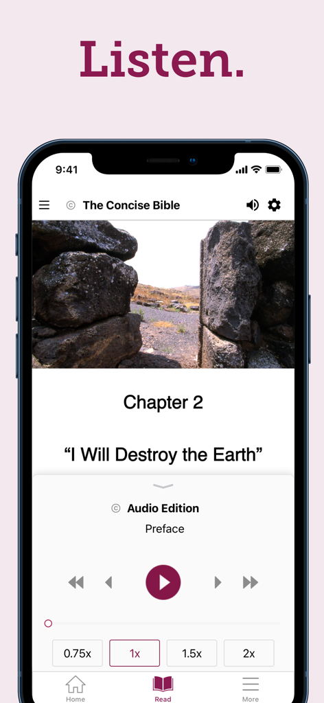 Mobile app interface of the Concise Bible audio player featuring Holy Land photography and playback controls