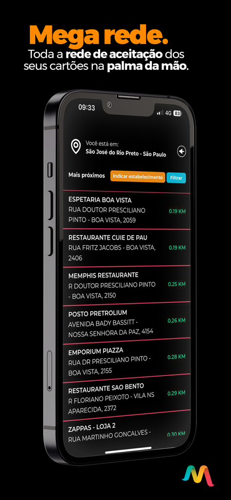 Megavale Usuário - Megavale app screen showing a list of accredited establishments and their distances.