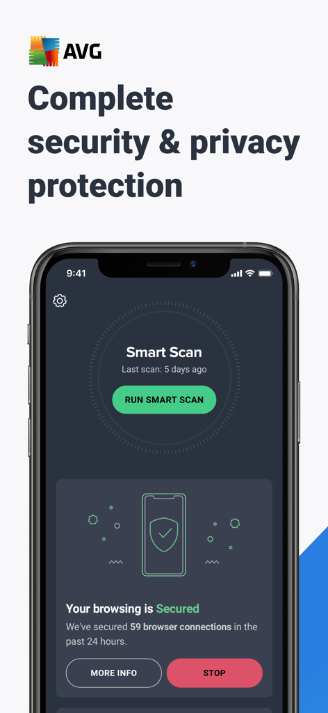 AVG Mobile Security app interface showing the Smart Scan feature and secure browsing status