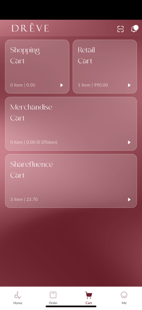 DRÊVE - Écran de l'application mobile DREVE montrant plusieurs types de paniers pour les achats et la vente au détail