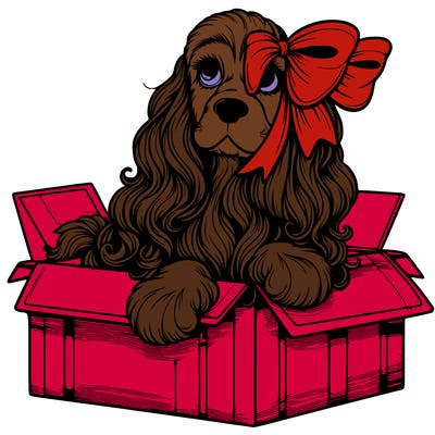 a spaniel american cocker with a beautiful bow coming out if a box realistic cute