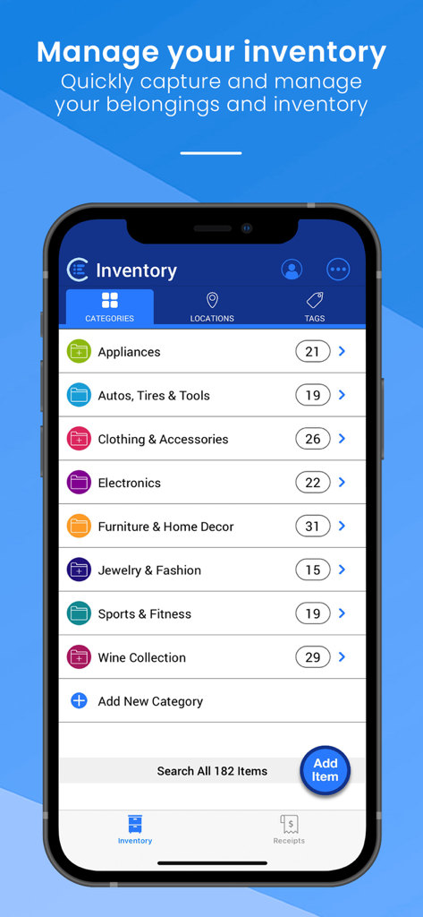 Categorizr-App-Oberfläche, die kategorisierte Haushaltsinventarartikel einschließlich Geräte, Elektronik und Fahrzeuge zeigt