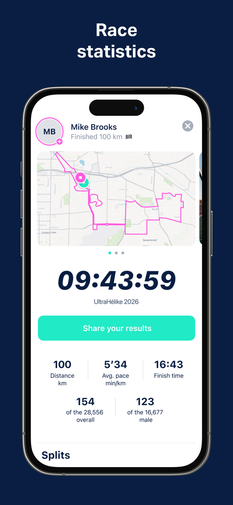 Ultrahélike - Smartphone screen showing Ultrahélike race statistics with 100km distance, finish time, and overall ranking.