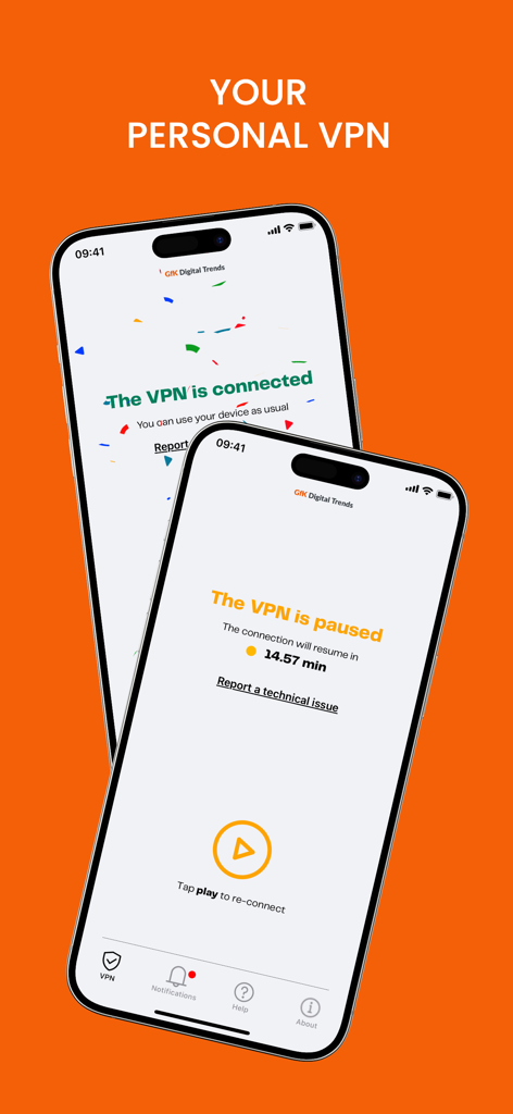 Digital Trends - Deux écrans d'iPhone montrant l'application Tendances Numériques avec les états VPN connectés et mis en pause