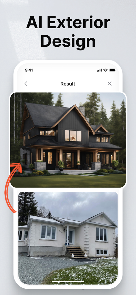 Before and after comparison of a house exterior transformation using AI design