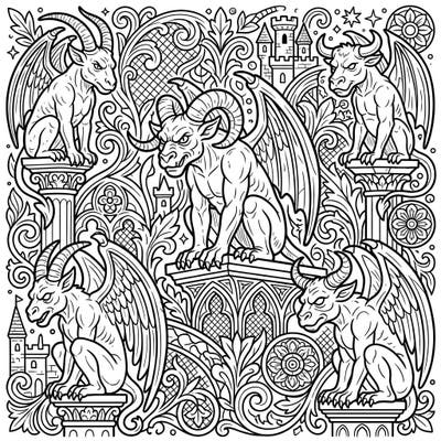 Discover the captivating world of these magnificent horned gargoyles, ready for your artistic touch. This intricate design offers a thrilling coloring challenge for fantasy enthusiasts of all ages.