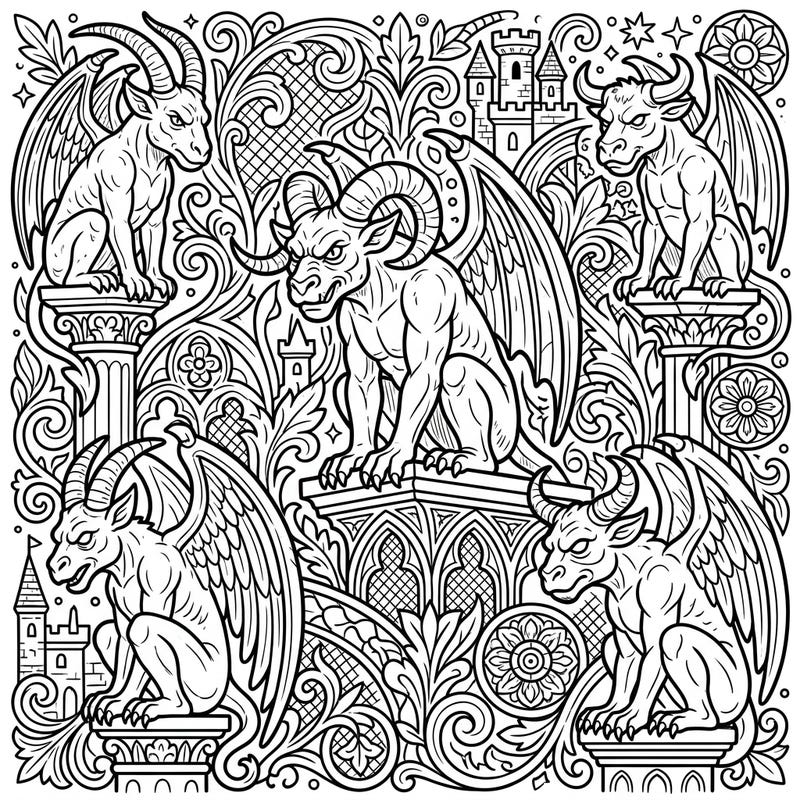 Discover the captivating world of these magnificent horned gargoyles, ready for your artistic touch. This intricate design offers a thrilling coloring challenge for fantasy enthusiasts of all ages.