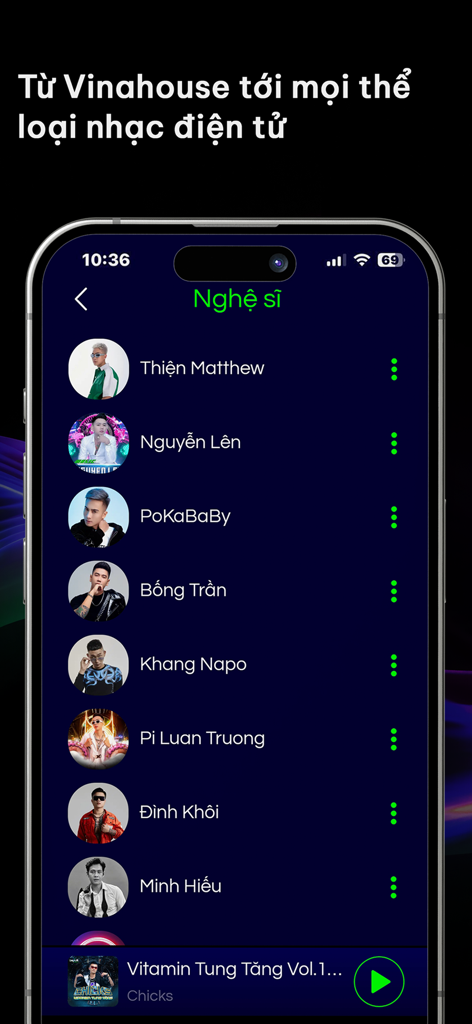 Artist directory screen in the Diijam app showing various Vietnamese DJs and Vinahouse producers