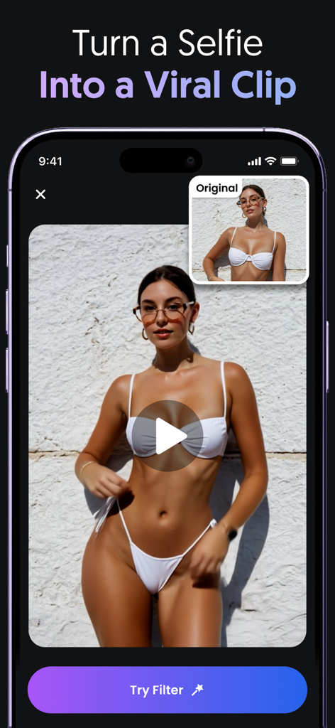 AI app interface displaying a selfie transformation into a viral video clip with a Try Filter button