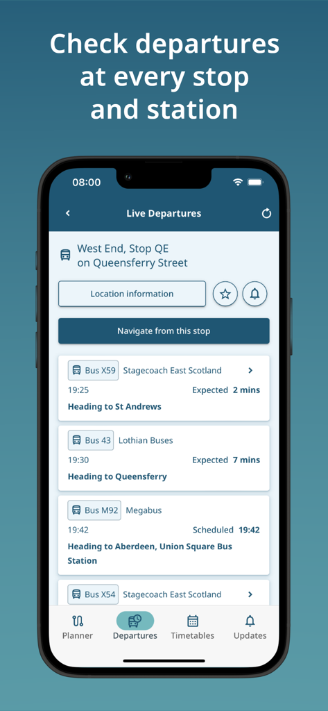 Traveline Scotland - Smartphone screen displaying live bus departures and real-time arrival estimates for a stop in Scotland