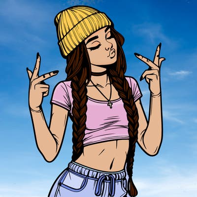 realistic teenage girl with braids and a beanie and crop top doing 🫶🏼