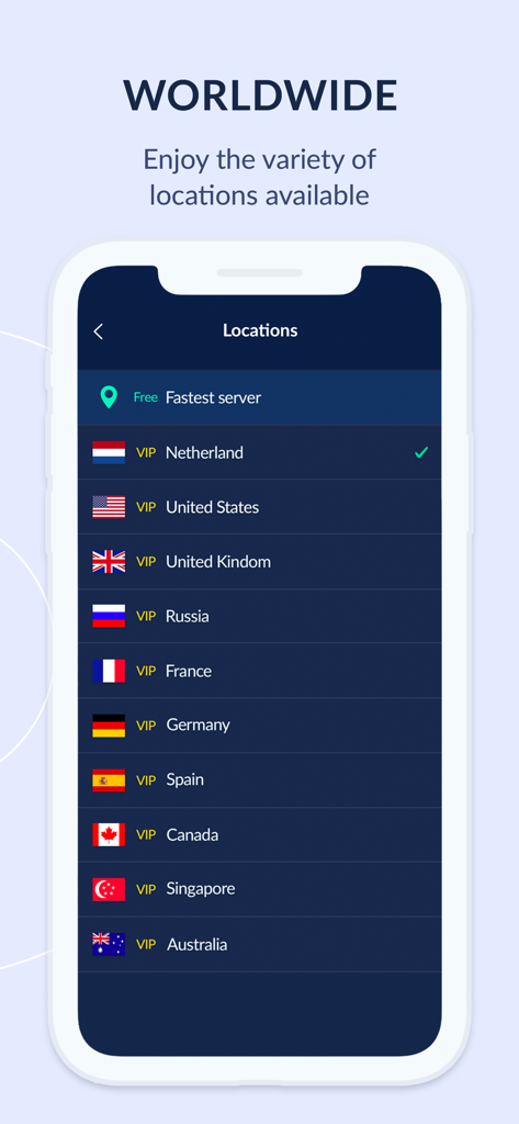 핫쉴드 VPN 앱 인터페이스 전 세계 서버 위치 목록 표시