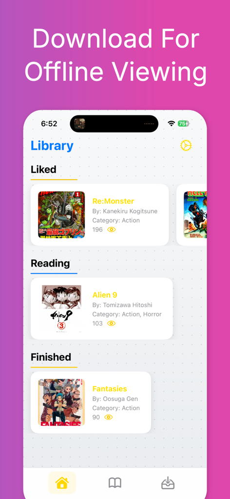 Crunch - Manga and Comics - The library screen of the Crunch manga app showing reading categories and offline viewing options.
