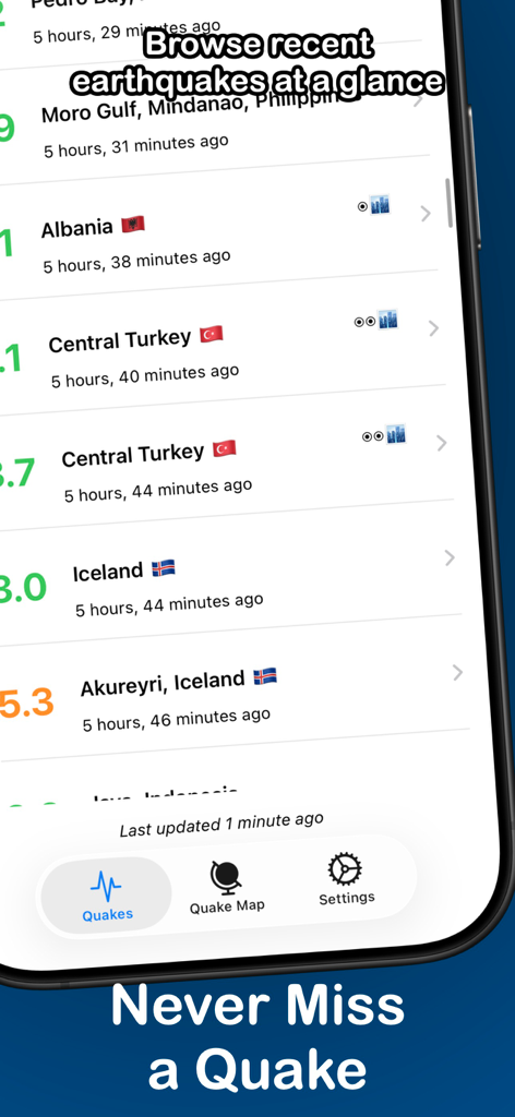 QuakeInfo: Seismic Monitoring - Un elenco di recenti terremoti globali nell'app QuakeInfo che mostra magnitudo e posizione.