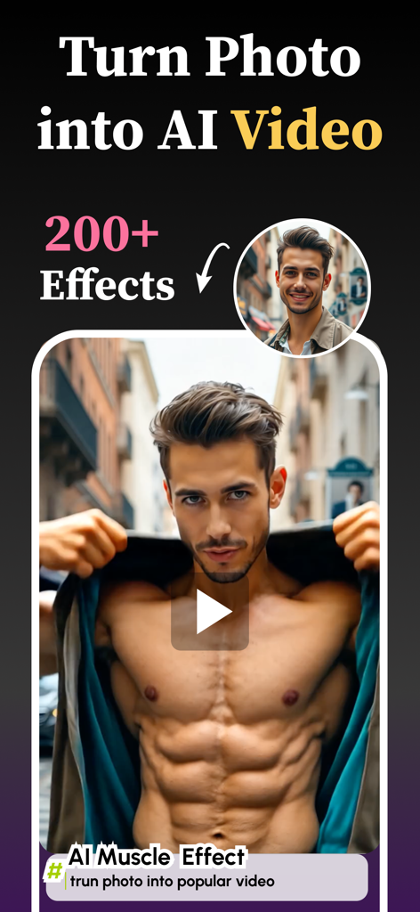 Magic Me: AI Photo to Video - Un hombre usando la aplicación Magic Me para convertir una foto normal en un video IA con un efecto de músculos