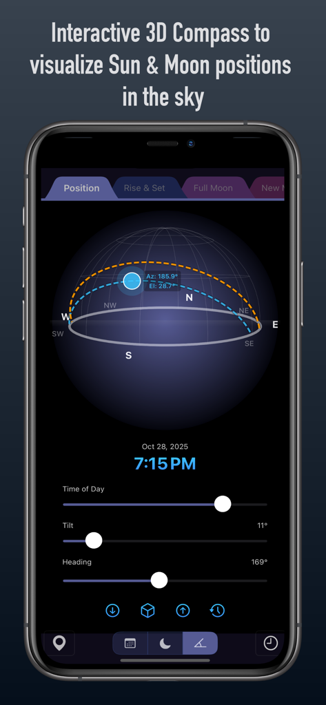 Moon Plus - Calendar + Compass - 技術データとともに、空における太陽と月の位置を示すインタラクティブな3Dコンパス